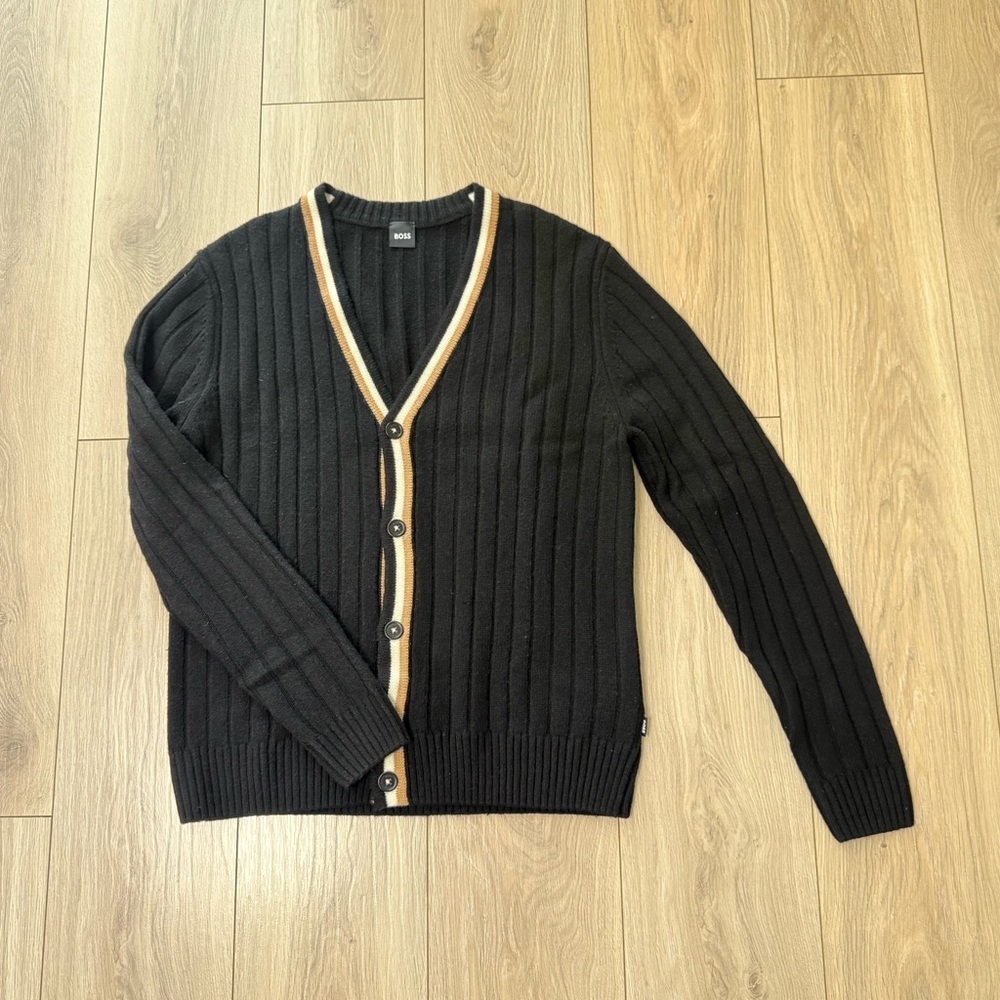 Boss Black Ribbed Cardigan Sweater